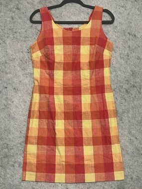 VTG*Laura Ashley Yellow/orange Plaid Sleeveless Shift Dress~ Suze:8~cotton/linen